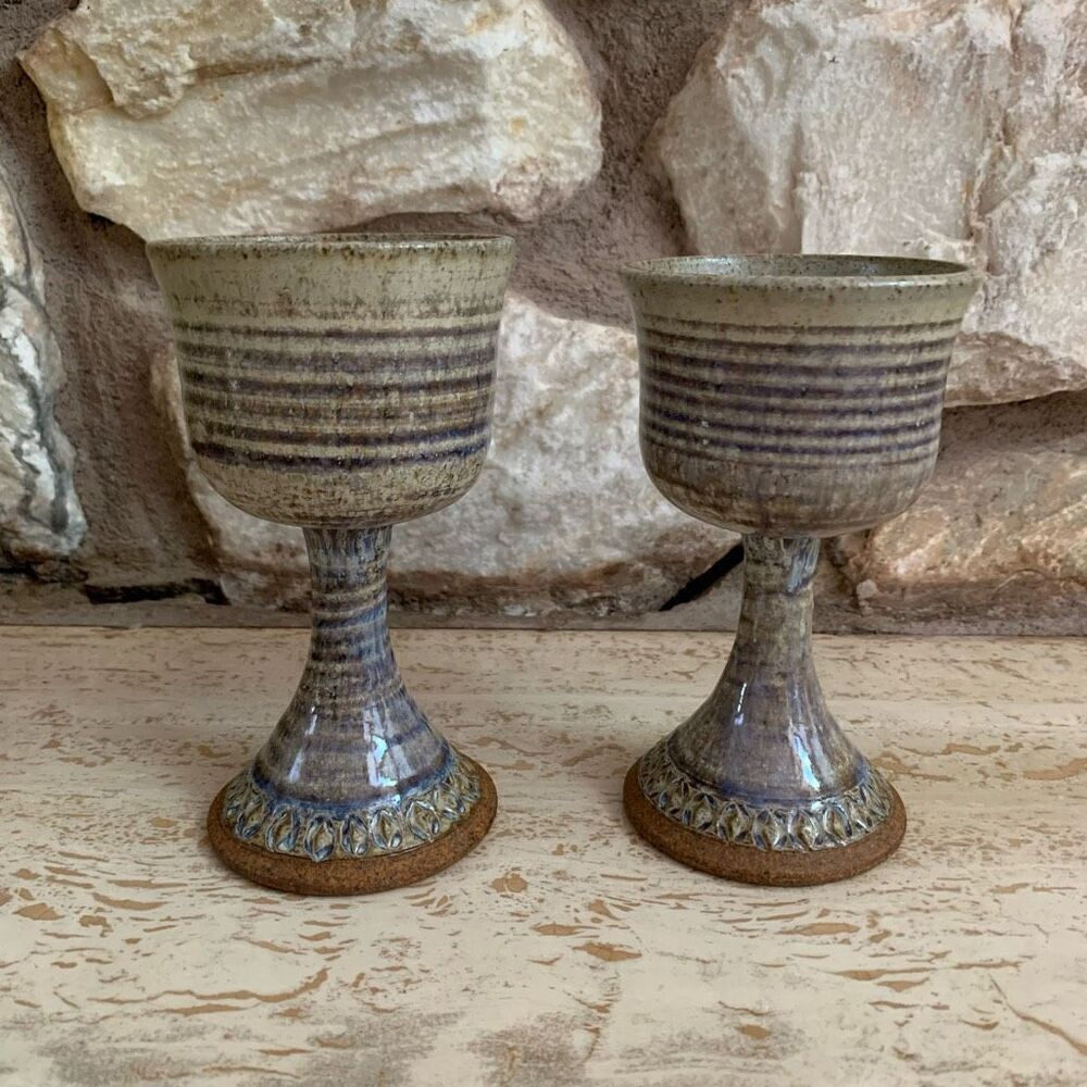 Set of two pottery goblets with purple & blue  drippy glaze.